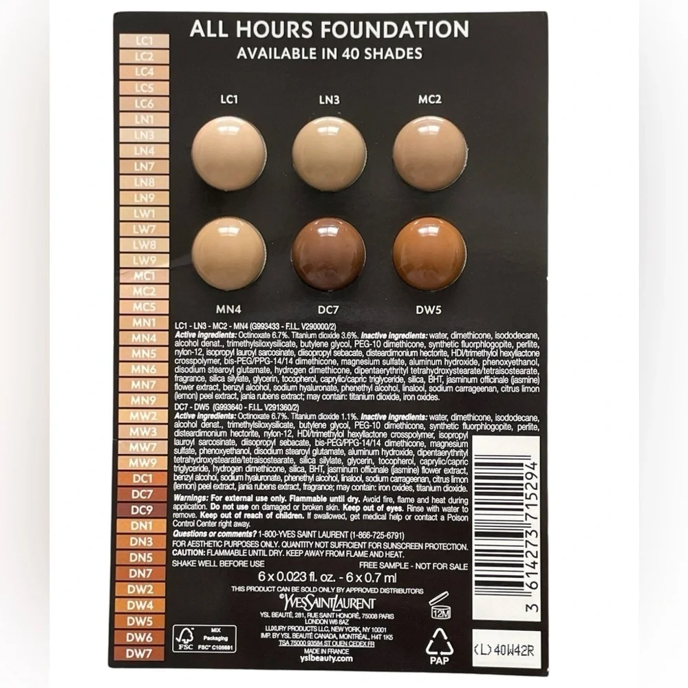 Yves Saint Laurent All Hours Foundation - Cream, Six Samples/ Travel